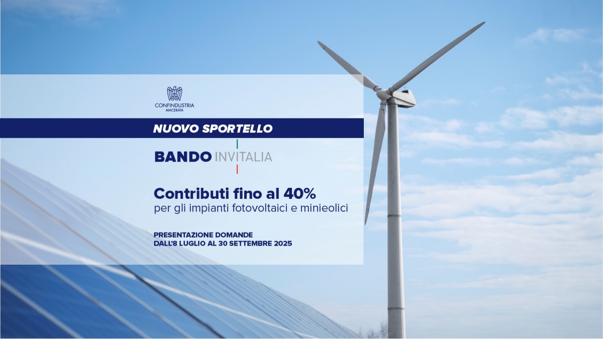 NUOVO SPORTELLO - Bando INVITALIA - Contributi fino al 40% per impianti fotovoltaici e minieolici