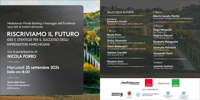 Mercoledì 25/9 ore 18.00 Teatro delle Muse: “RISCRIVIAMO IL FUTURO – idee e strategie per il successo degli imprenditori marchigiani”